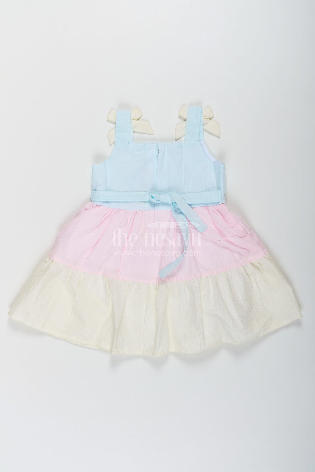 Baby Girls New Party Frock in Cotton with Tiered Pastel Layers and Bow Accents
