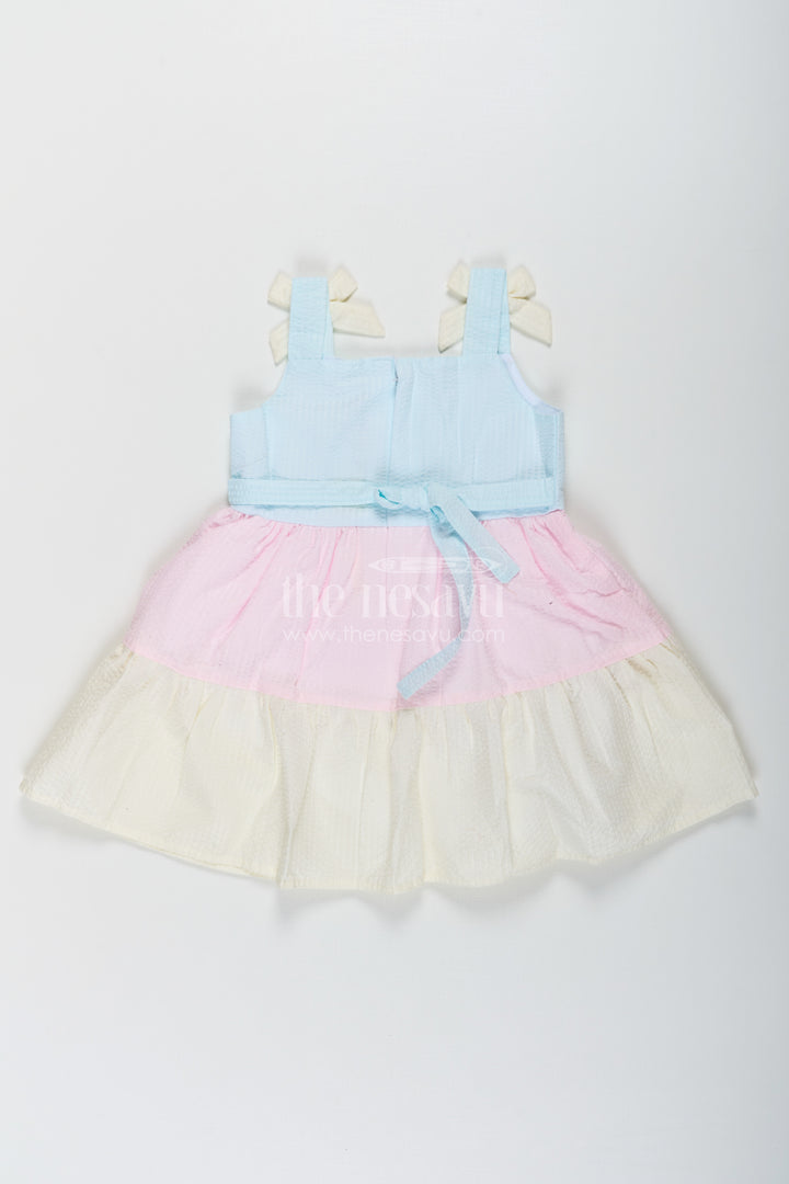 Baby Girls New Party Frock in Cotton with Tiered Pastel Layers and Bow Accents