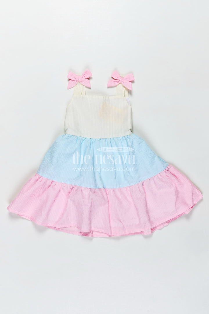 Frock for Infants Tiered Cotton Sleeveless Dress in Pastel Color Blocks with Bow Accents