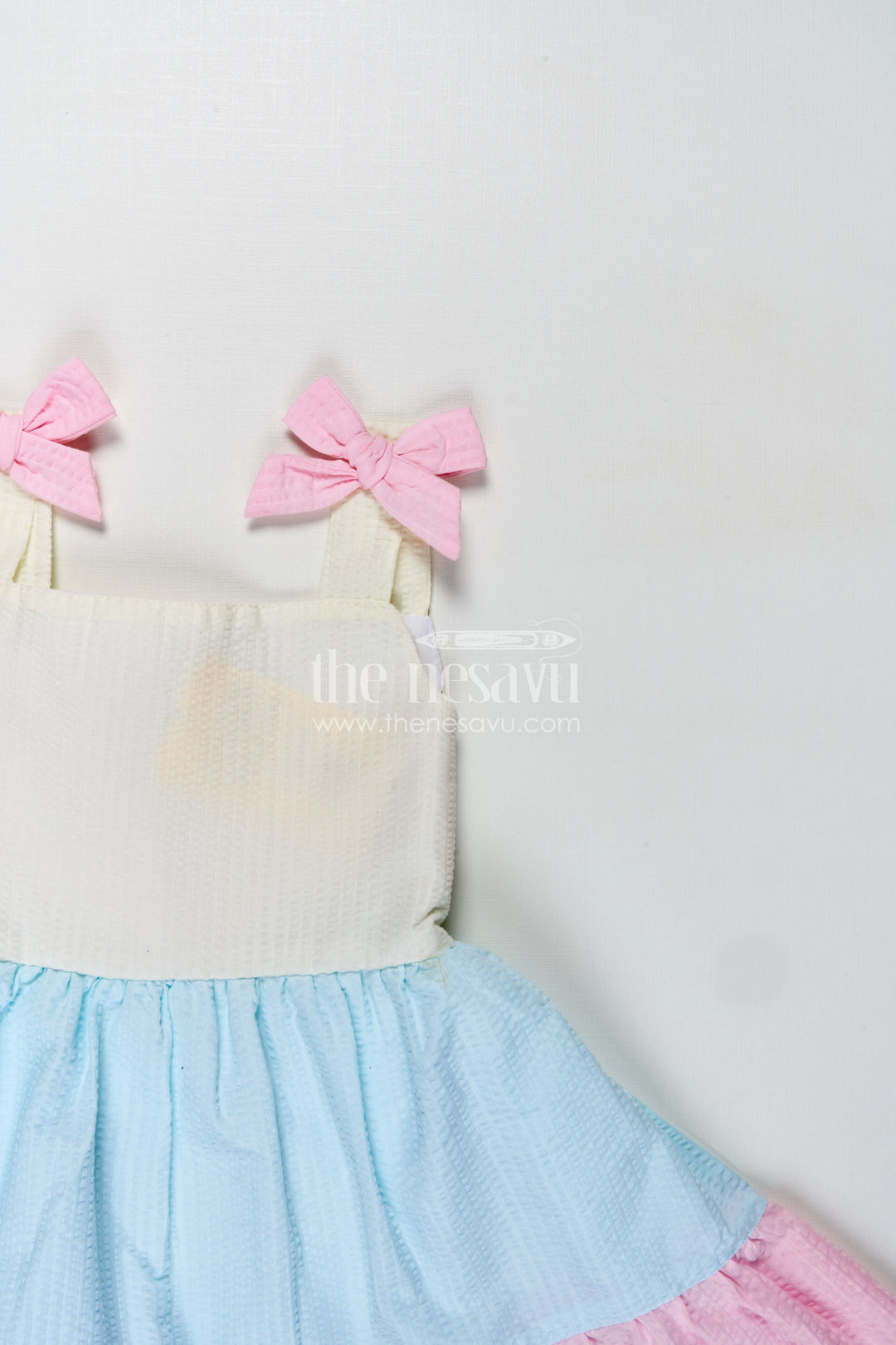 Frock for Infants Tiered Cotton Sleeveless Dress in Pastel Color Blocks with Bow Accents