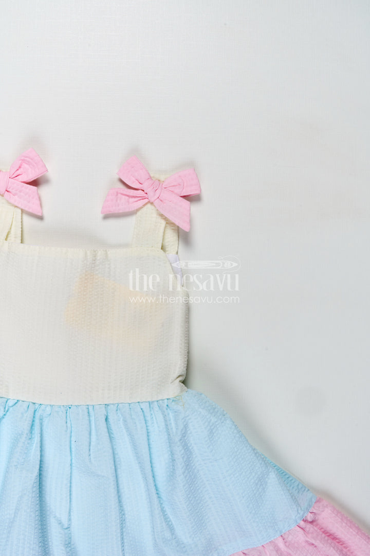 Frock for Infants Tiered Cotton Sleeveless Dress in Pastel Color Blocks with Bow Accents
