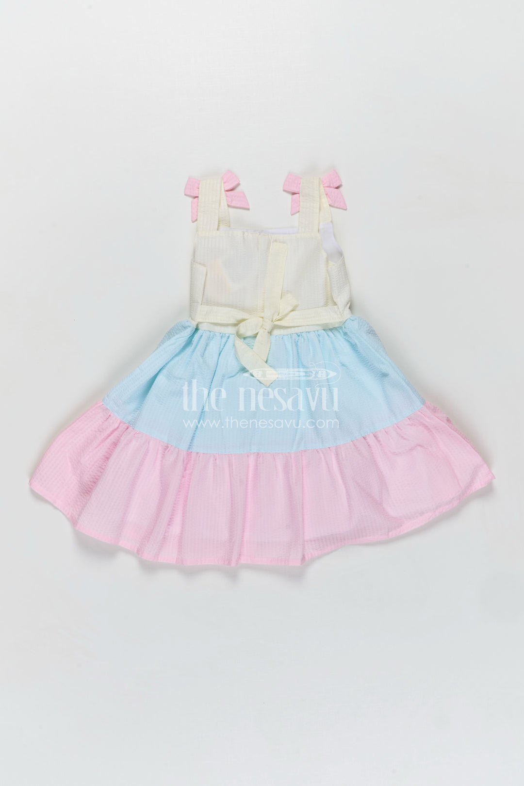 Frock for Infants Tiered Cotton Sleeveless Dress in Pastel Color Blocks with Bow Accents