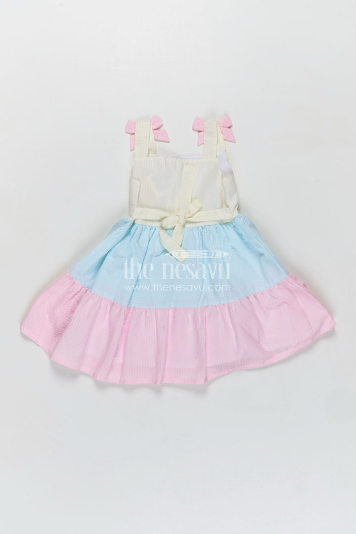 Frock for Infants Tiered Cotton Sleeveless Dress in Pastel Color Blocks with Bow Accents