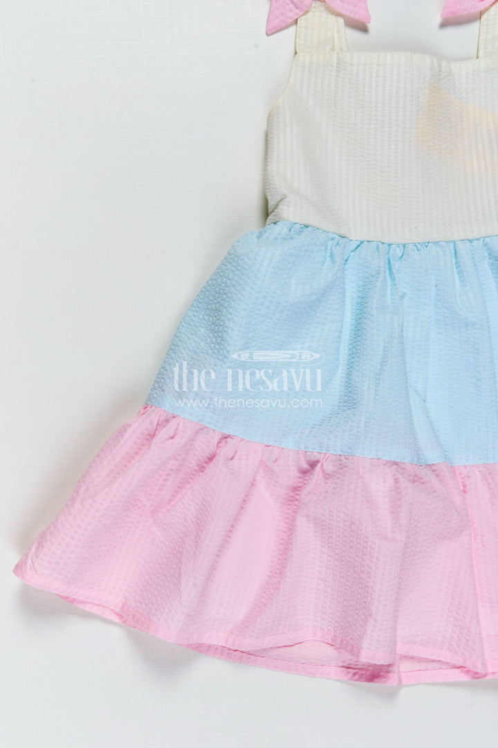 Frock for Infants Tiered Cotton Sleeveless Dress in Pastel Color Blocks with Bow Accents
