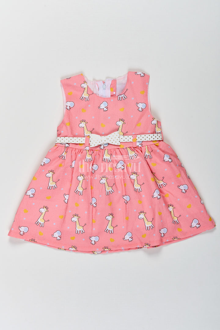 Baby Girls Orange Frock in Cotton Blend with Cute Animal Print and Waist Bow