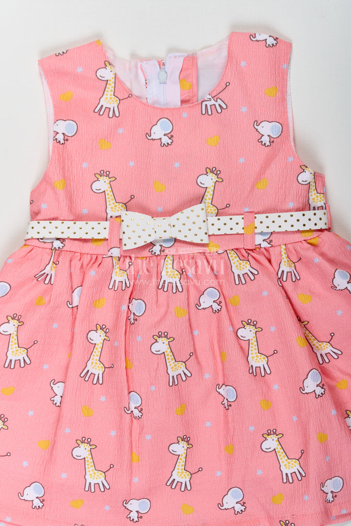 Baby Girls Orange Frock in Cotton Blend with Cute Animal Print and Waist Bow