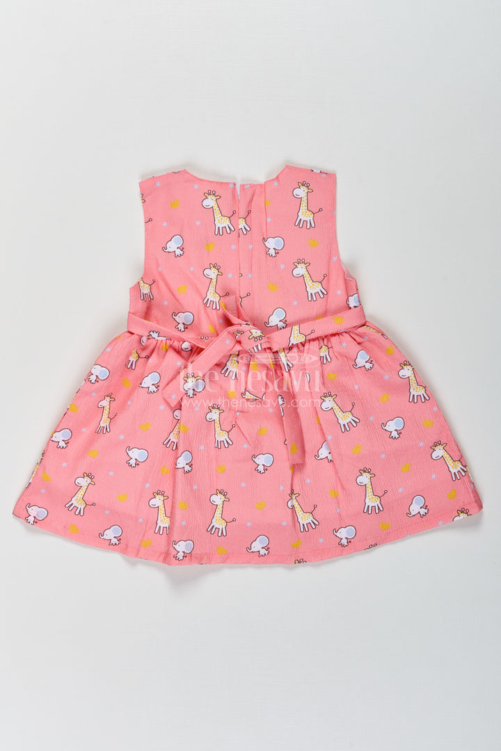 Baby Girls Orange Frock in Cotton Blend with Cute Animal Print and Waist Bow