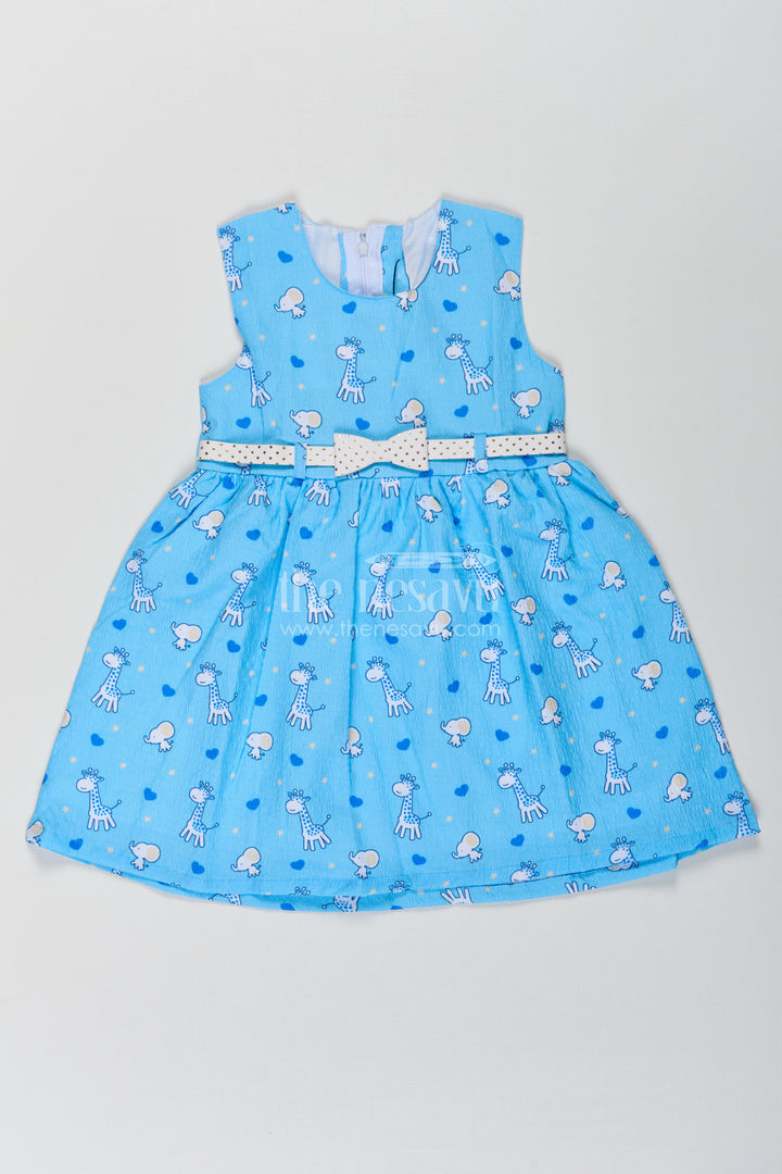 Baby Girls Royal Blue Frock in Cotton Blend with Giraffe and Elephant Print