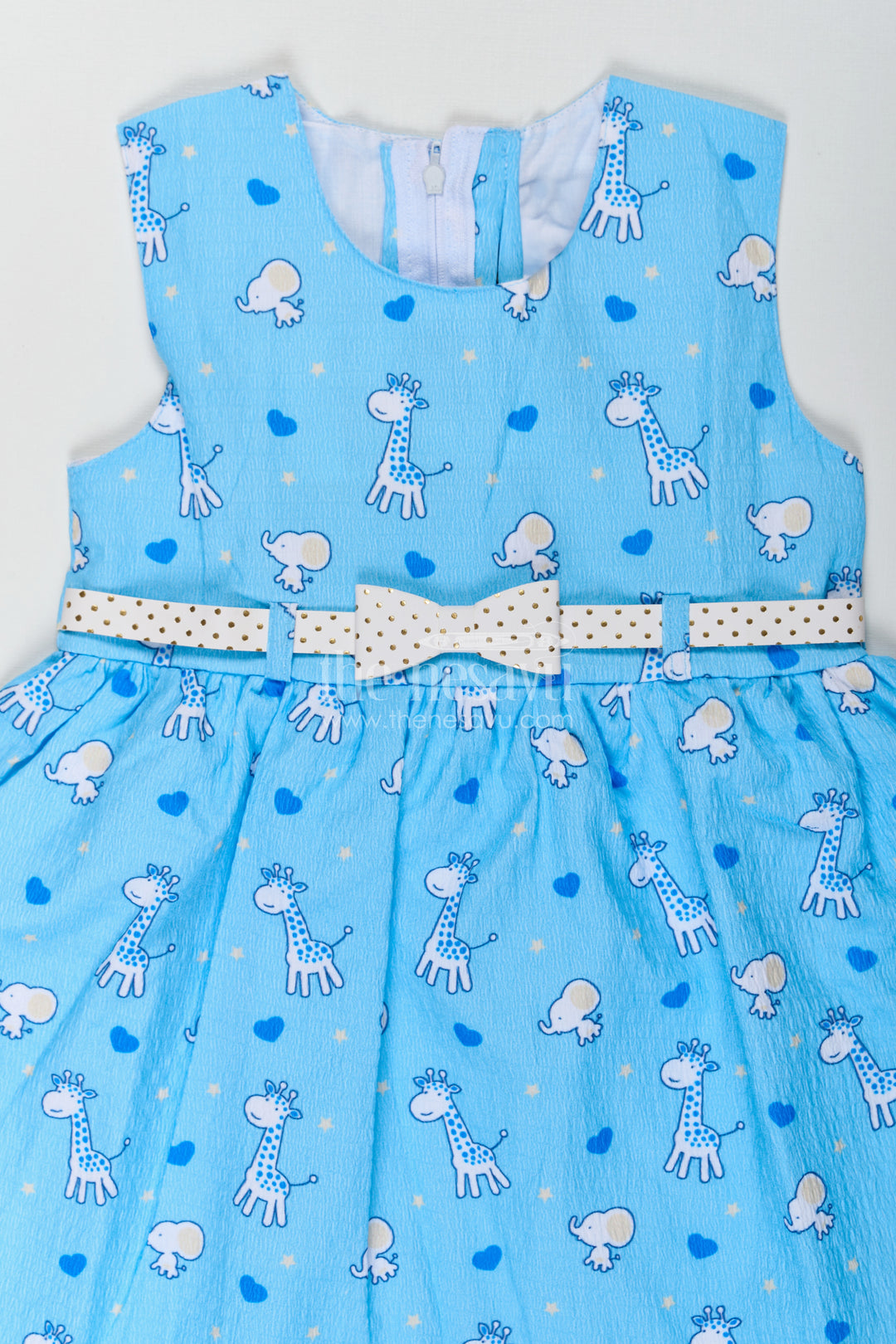 Baby Girls Royal Blue Frock in Cotton Blend with Giraffe and Elephant Print