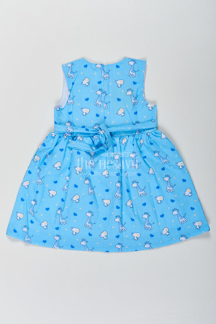 Baby Girls Royal Blue Frock in Cotton Blend with Giraffe and Elephant Print