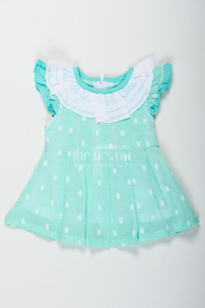 Baby Girls Green Short Dress in Cotton with Layered Ruffle Yoke and Puff Sleeves