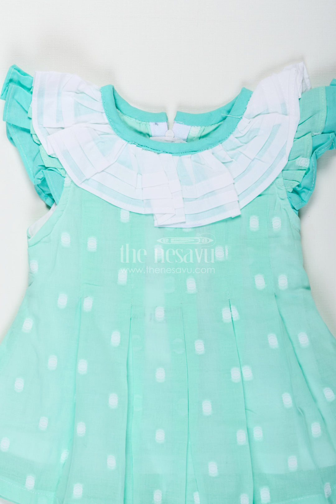 Baby Girls Green Short Dress in Cotton with Layered Ruffle Yoke and Puff Sleeves