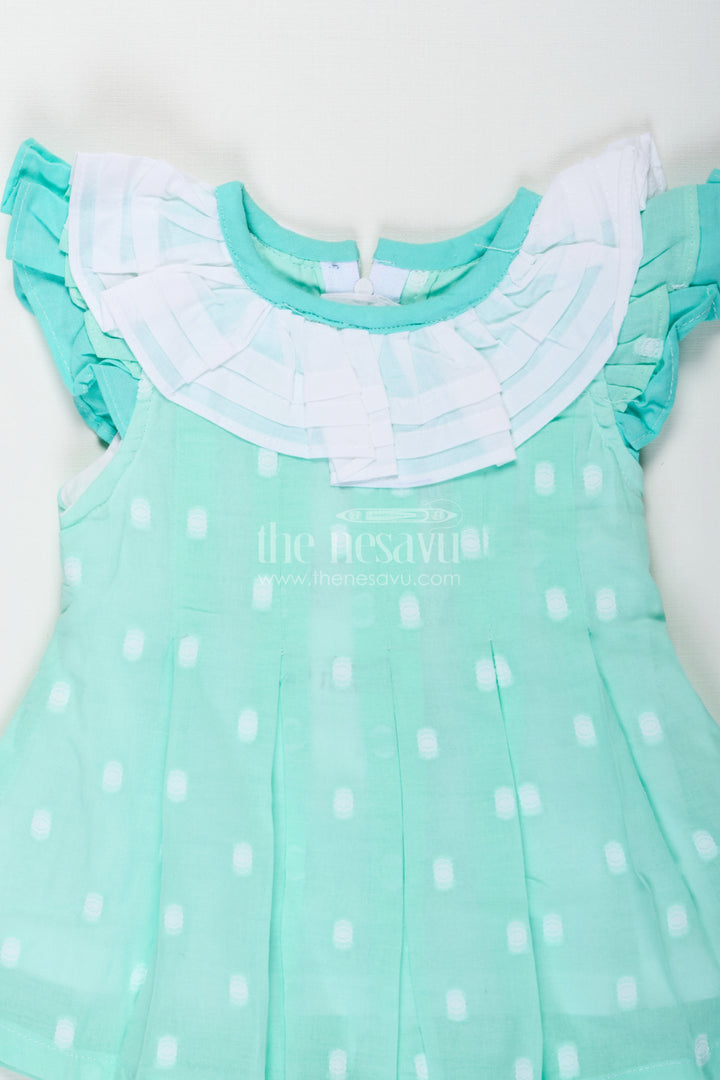 Baby Girls Green Short Dress in Cotton with Layered Ruffle Yoke and Puff Sleeves