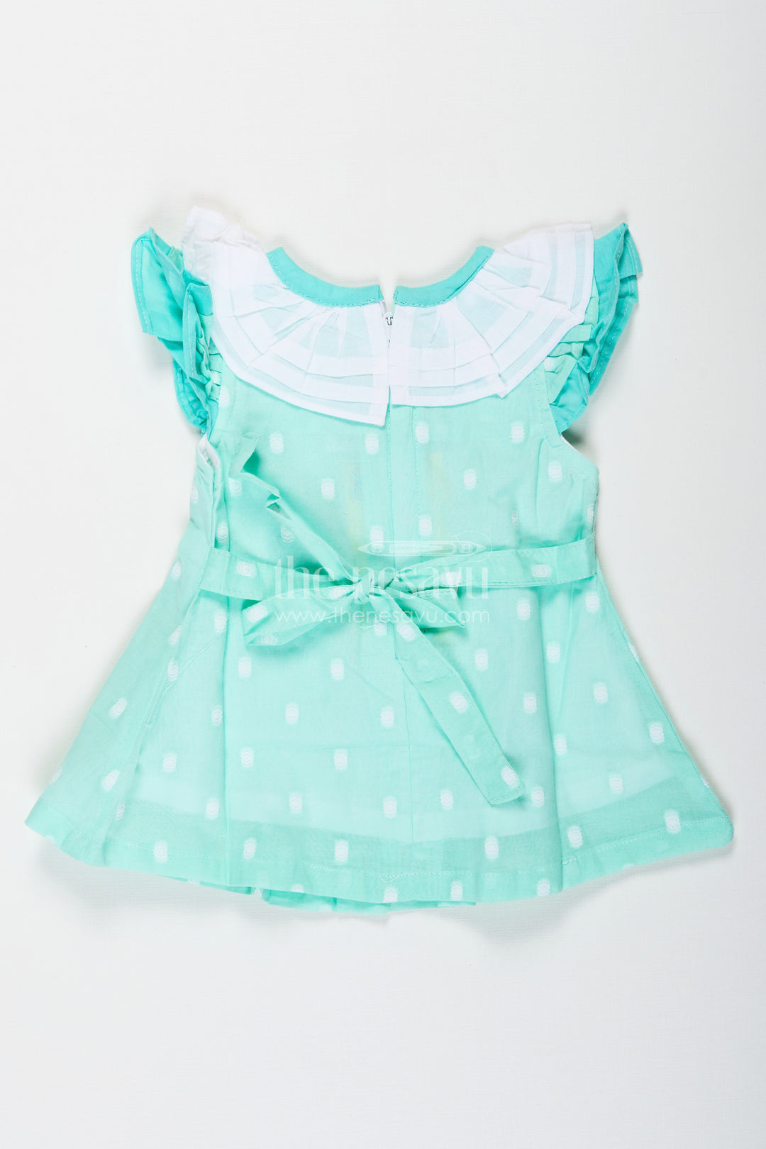 Baby Girls Green Short Dress in Cotton with Layered Ruffle Yoke and Puff Sleeves