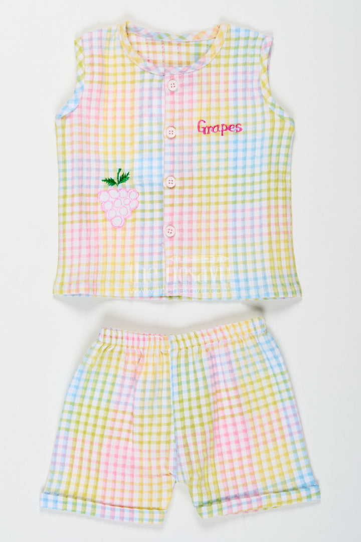 Baby Girls Cotton Two Piece Dress Set with Multicolor Checkered Print and Embroidered Grape Motif