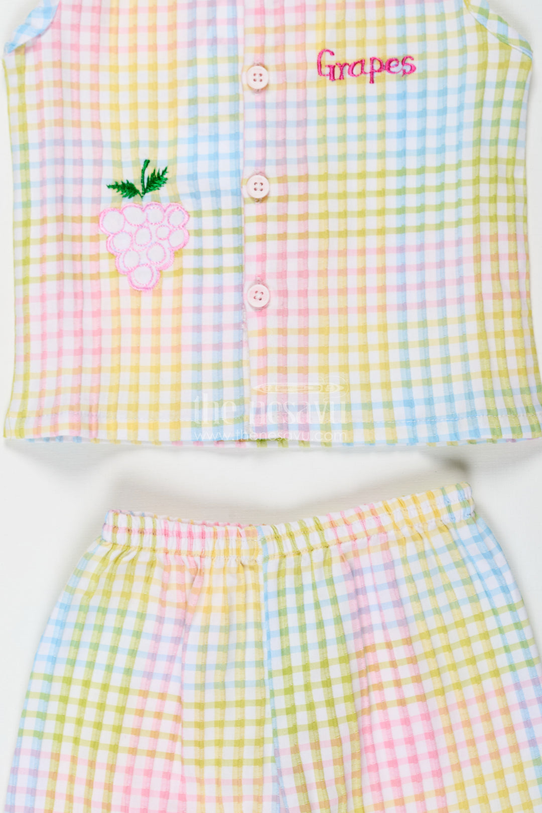 Baby Girls Cotton Two Piece Dress Set with Multicolor Checkered Print and Embroidered Grape Motif