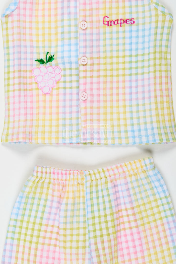 Baby Girls Cotton Two Piece Dress Set with Multicolor Checkered Print and Embroidered Grape Motif