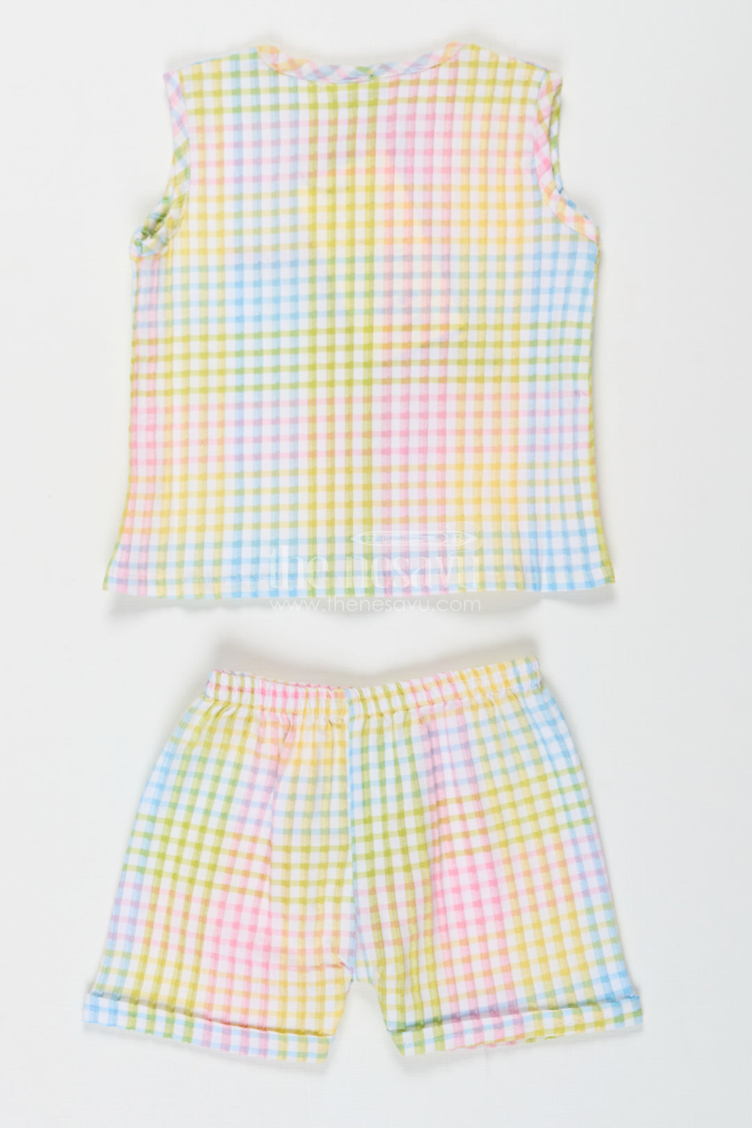 Baby Girls Cotton Two Piece Dress Set with Multicolor Checkered Print and Embroidered Grape Motif