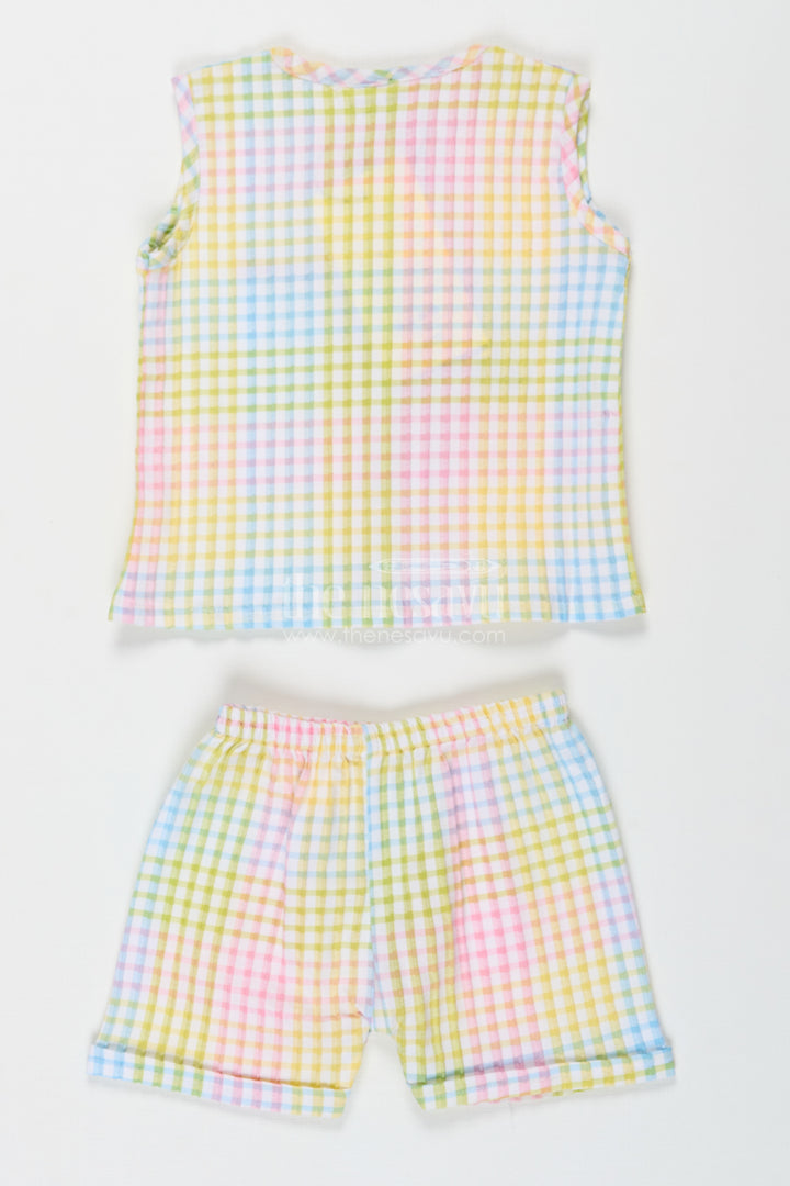 Baby Girls Cotton Two Piece Dress Set with Multicolor Checkered Print and Embroidered Grape Motif