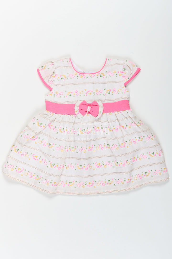 Girls Blend Cotton Embroidered Modern Frock Dress with Puff Sleeves and Pink Bow Detailing