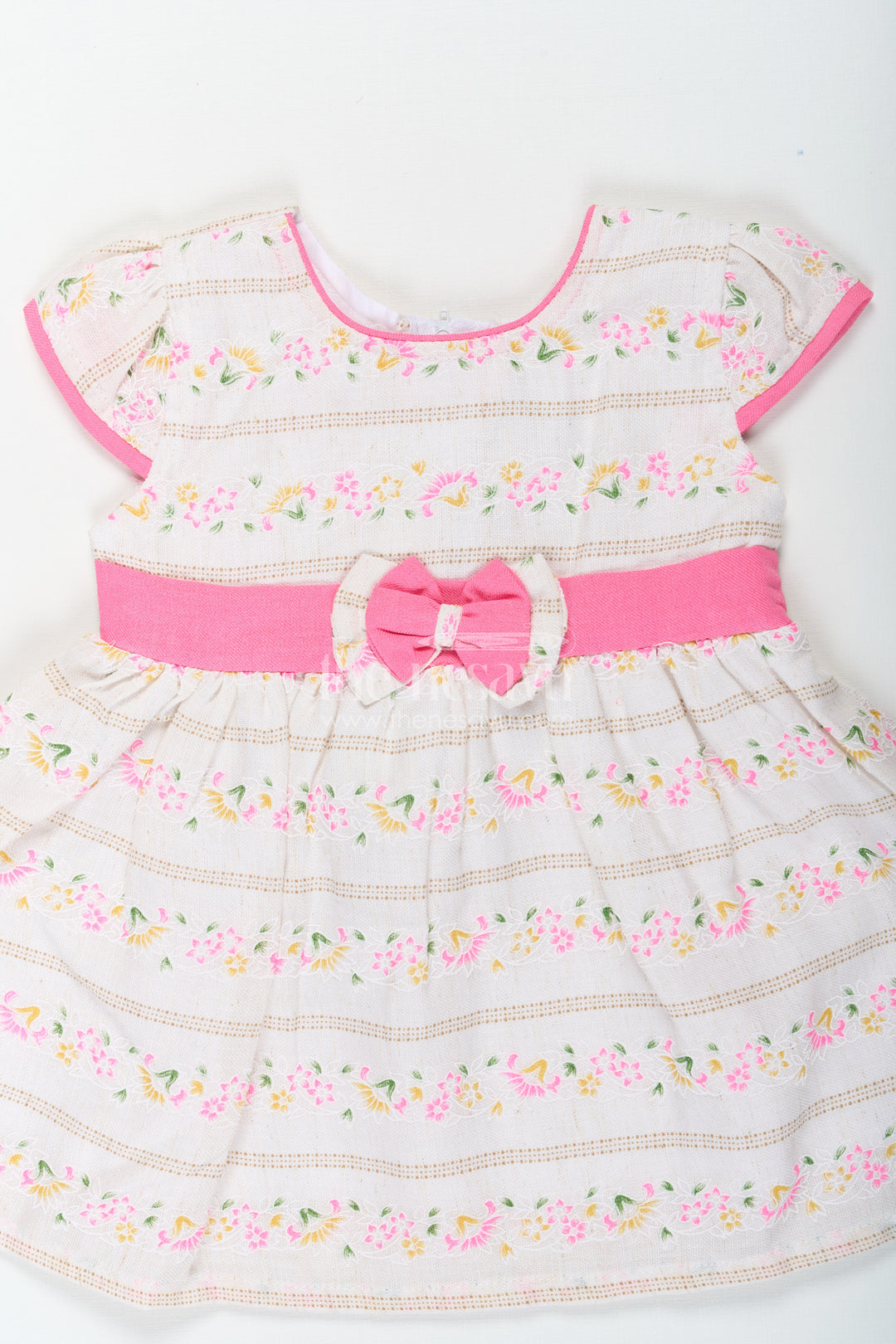 Girls Blend Cotton Embroidered Modern Frock Dress with Puff Sleeves and Pink Bow Detailing