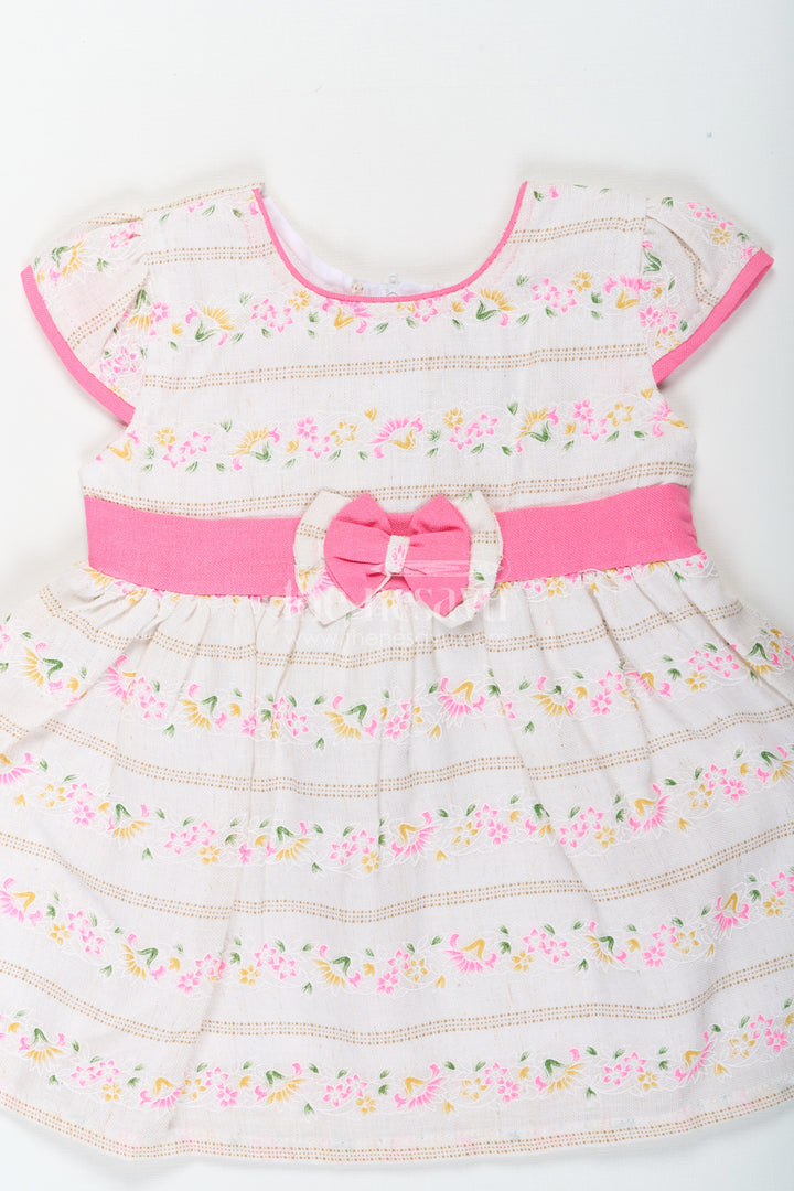 Girls Blend Cotton Embroidered Modern Frock Dress with Puff Sleeves and Pink Bow Detailing