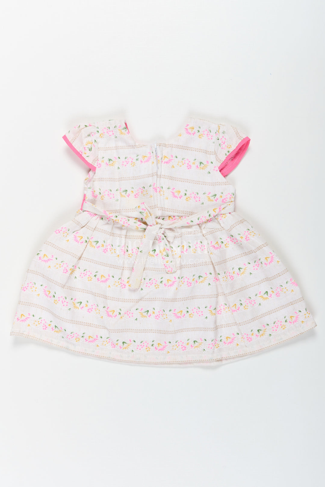 Girls Blend Cotton Embroidered Modern Frock Dress with Puff Sleeves and Pink Bow Detailing