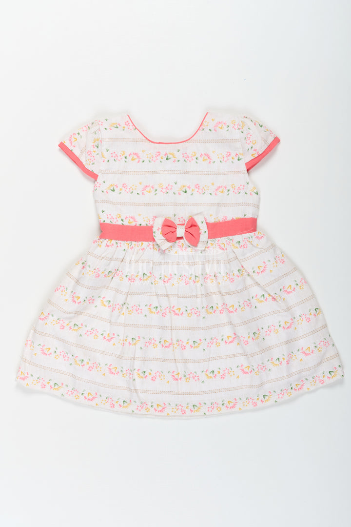 Girls Embroidered Floral Frock in Blend Cotton with Short Sleeves and Coral Bow Belt