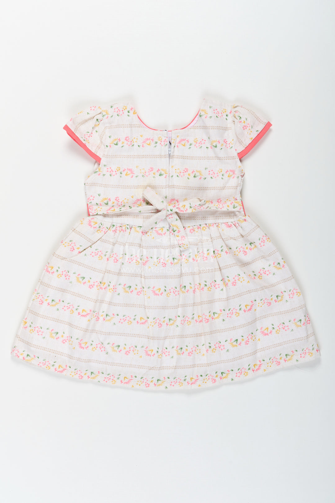 Girls Embroidered Floral Frock in Blend Cotton with Short Sleeves and Coral Bow Belt