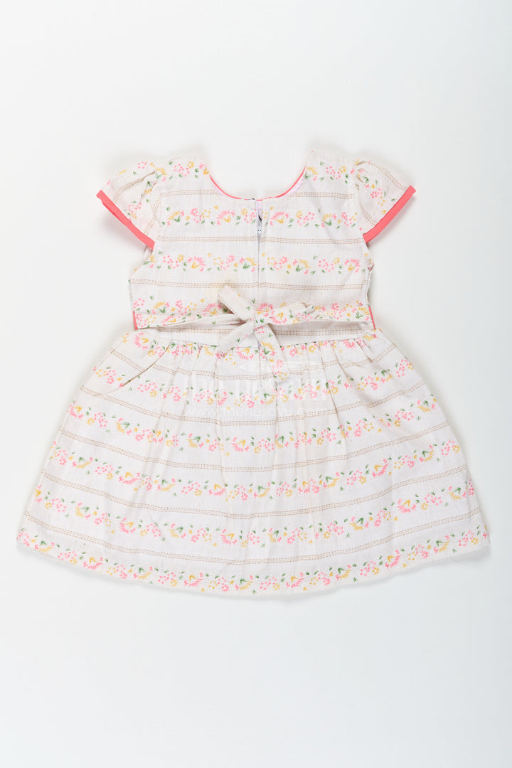 Girls Embroidered Floral Frock in Blend Cotton with Short Sleeves and Coral Bow Belt