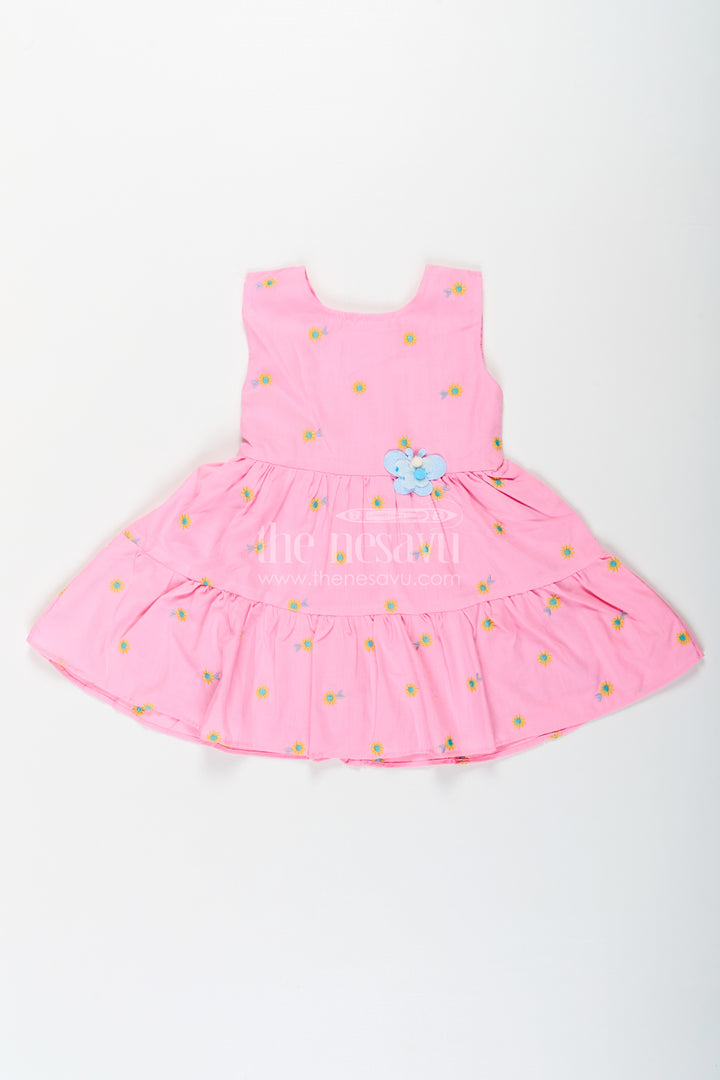 Girls Cotton Embroidered Cinderellas Pink Dress with Ruffled Hem and Daisy Motifs