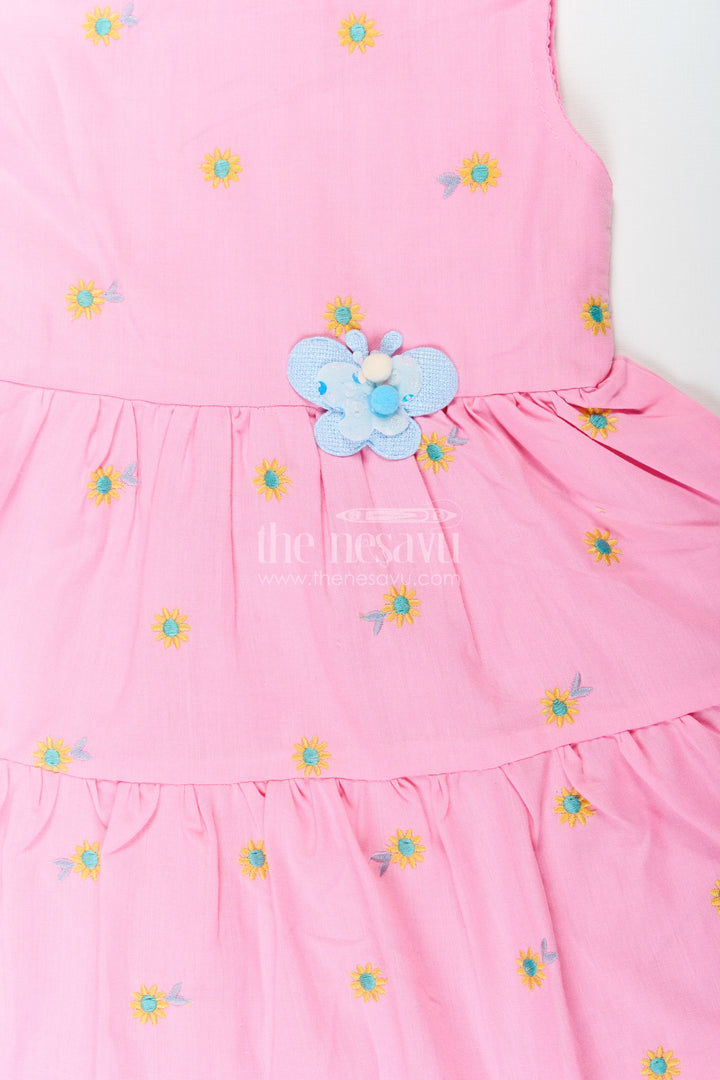 Girls Cotton Embroidered Cinderellas Pink Dress with Ruffled Hem and Daisy Motifs