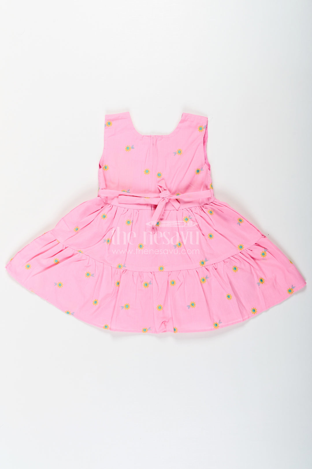 Girls Cotton Embroidered Cinderellas Pink Dress with Ruffled Hem and Daisy Motifs
