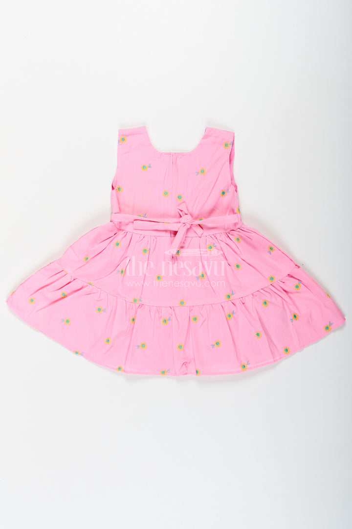 Girls Cotton Embroidered Cinderellas Pink Dress with Ruffled Hem and Daisy Motifs