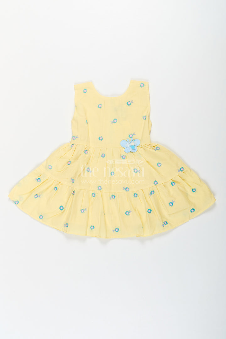 Girls Yellow Butterfly Birthday Dress in Cotton with Embroidered Daisies and Blue Appliqué