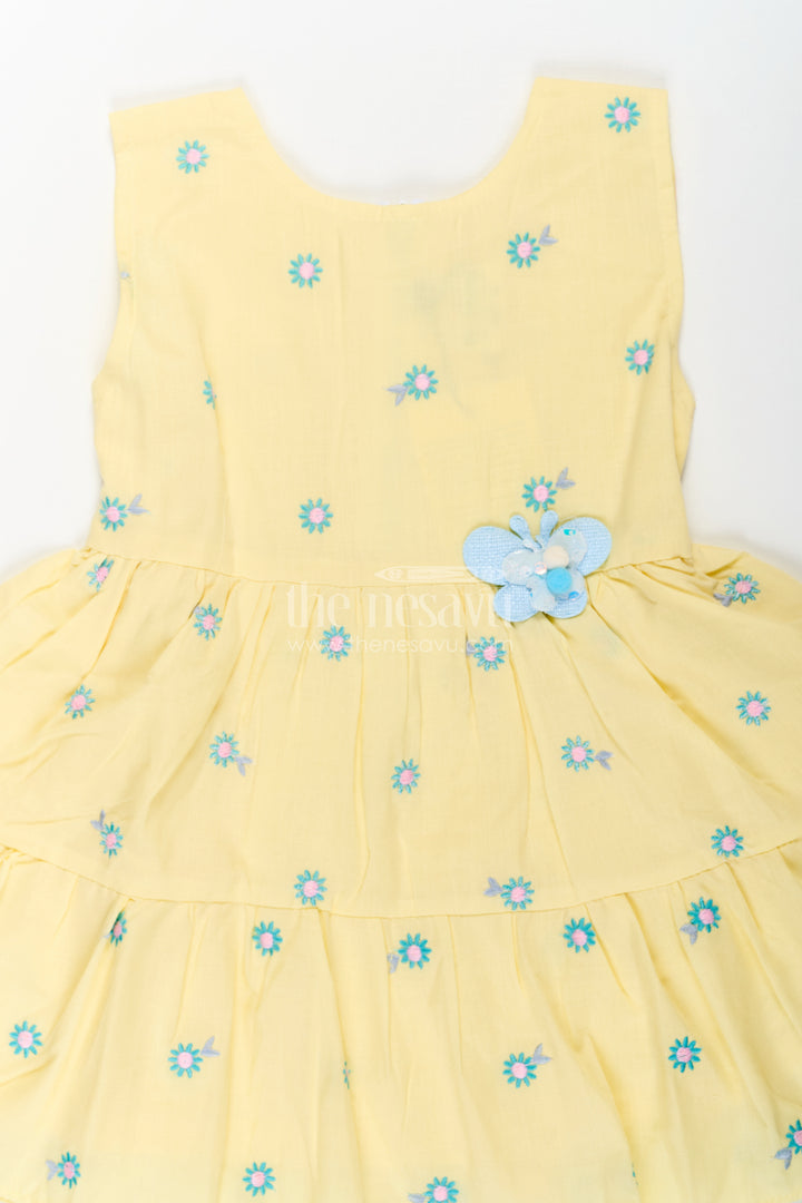 Girls Yellow Butterfly Birthday Dress in Cotton with Embroidered Daisies and Blue Appliqué