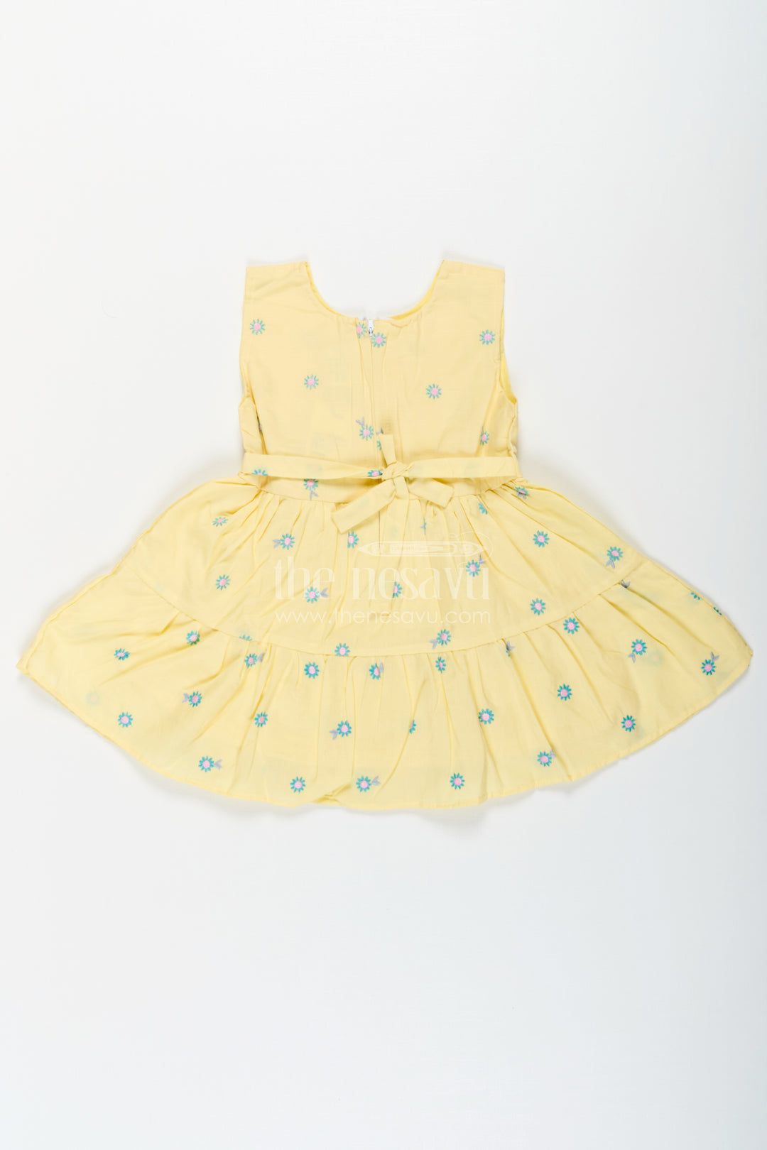 Girls Yellow Butterfly Birthday Dress in Cotton with Embroidered Daisies and Blue Appliqué