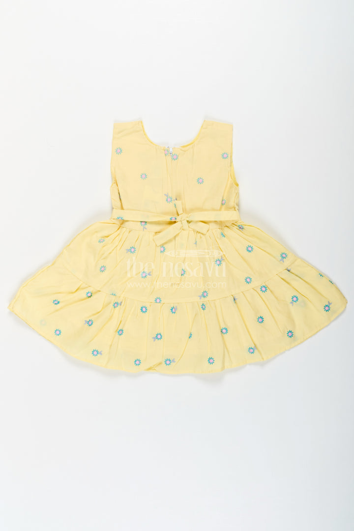Girls Yellow Butterfly Birthday Dress in Cotton with Embroidered Daisies and Blue Appliqué