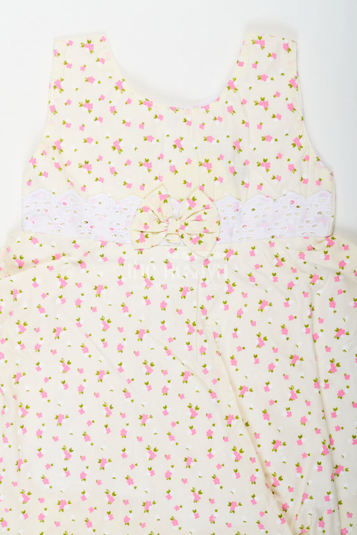 Girls Cream Soft Cotton Dresses Online with Allover Floral Print and Lace Bow Waist Detail