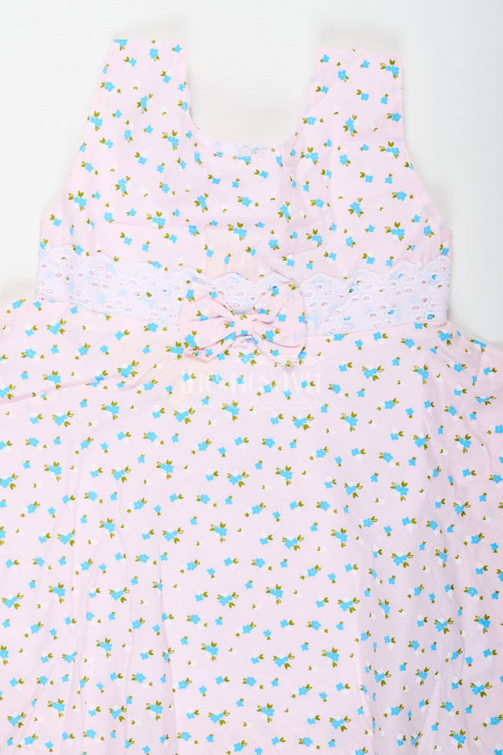 Girls Casual Flower Dress in Soft Cotton with Delicate Allover Floral Print and Lace Waist Detailing