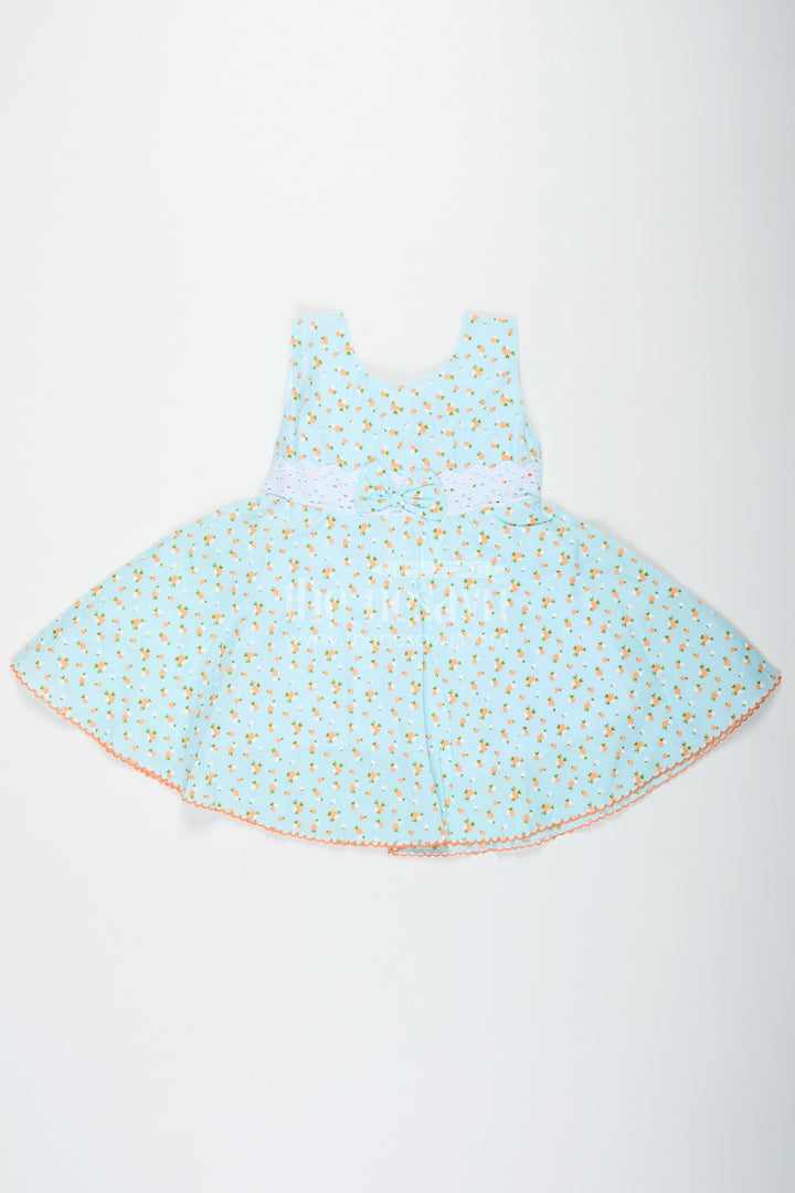 Girls Flower Girl Dresses in Light Blue Cotton with Allover Floral Print and Elegant Lace Bow Waist