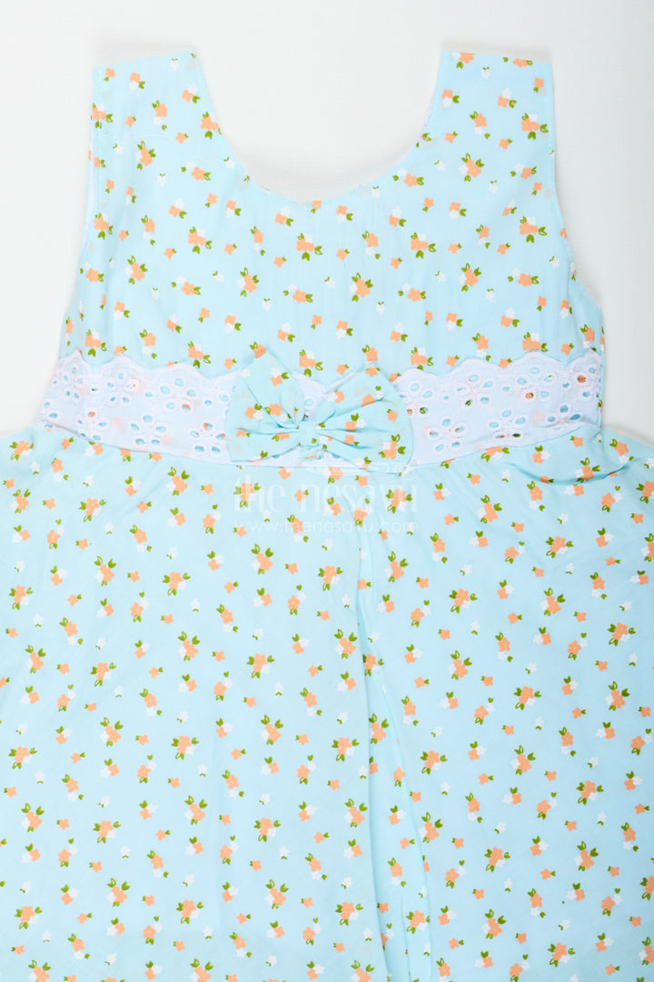 Girls Flower Girl Dresses in Light Blue Cotton with Allover Floral Print and Elegant Lace Bow Waist