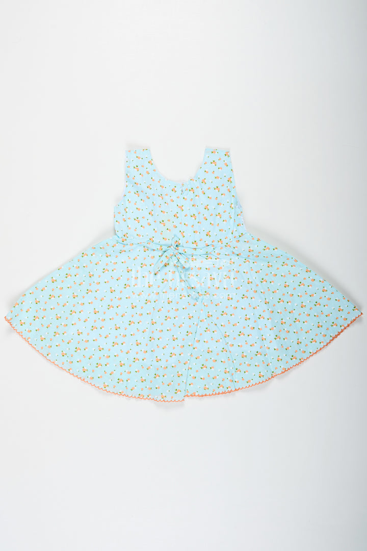Girls Flower Girl Dresses in Light Blue Cotton with Allover Floral Print and Elegant Lace Bow Waist