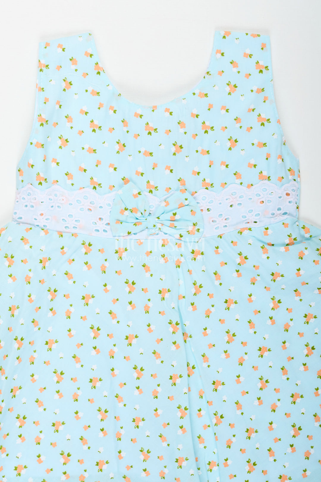 Girls Flower Girl Dresses in Light Blue Cotton with Allover Floral Print and Elegant Lace Bow Waist