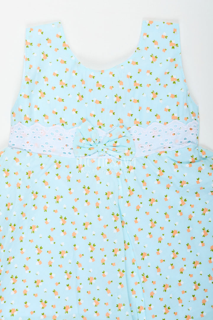Girls Flower Girl Dresses in Light Blue Cotton with Allover Floral Print and Elegant Lace Bow Waist
