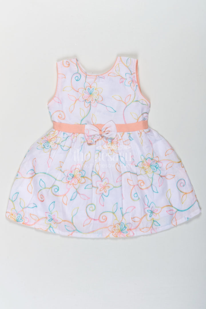 Girls Flower White Dress in Cotton with Multicolor Floral Embroidery and Peach Waist Bow
