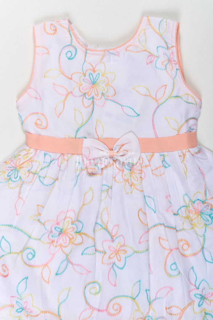 Girls Flower White Dress in Cotton with Multicolor Floral Embroidery and Peach Waist Bow