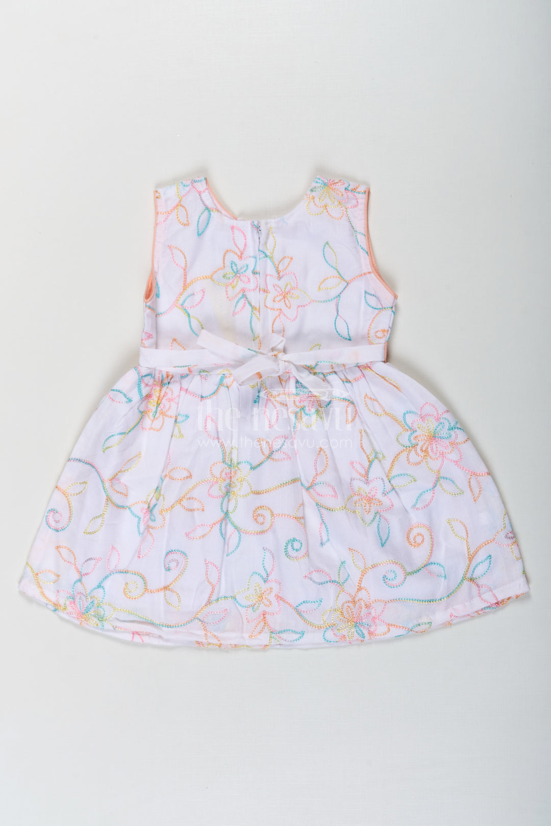 Girls Flower White Dress in Cotton with Multicolor Floral Embroidery and Peach Waist Bow