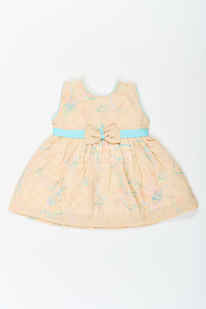 Girls Stylish Cotton Frock with Multicolor Floral Embroidery and Aqua Waist Bow for Everyday Charm