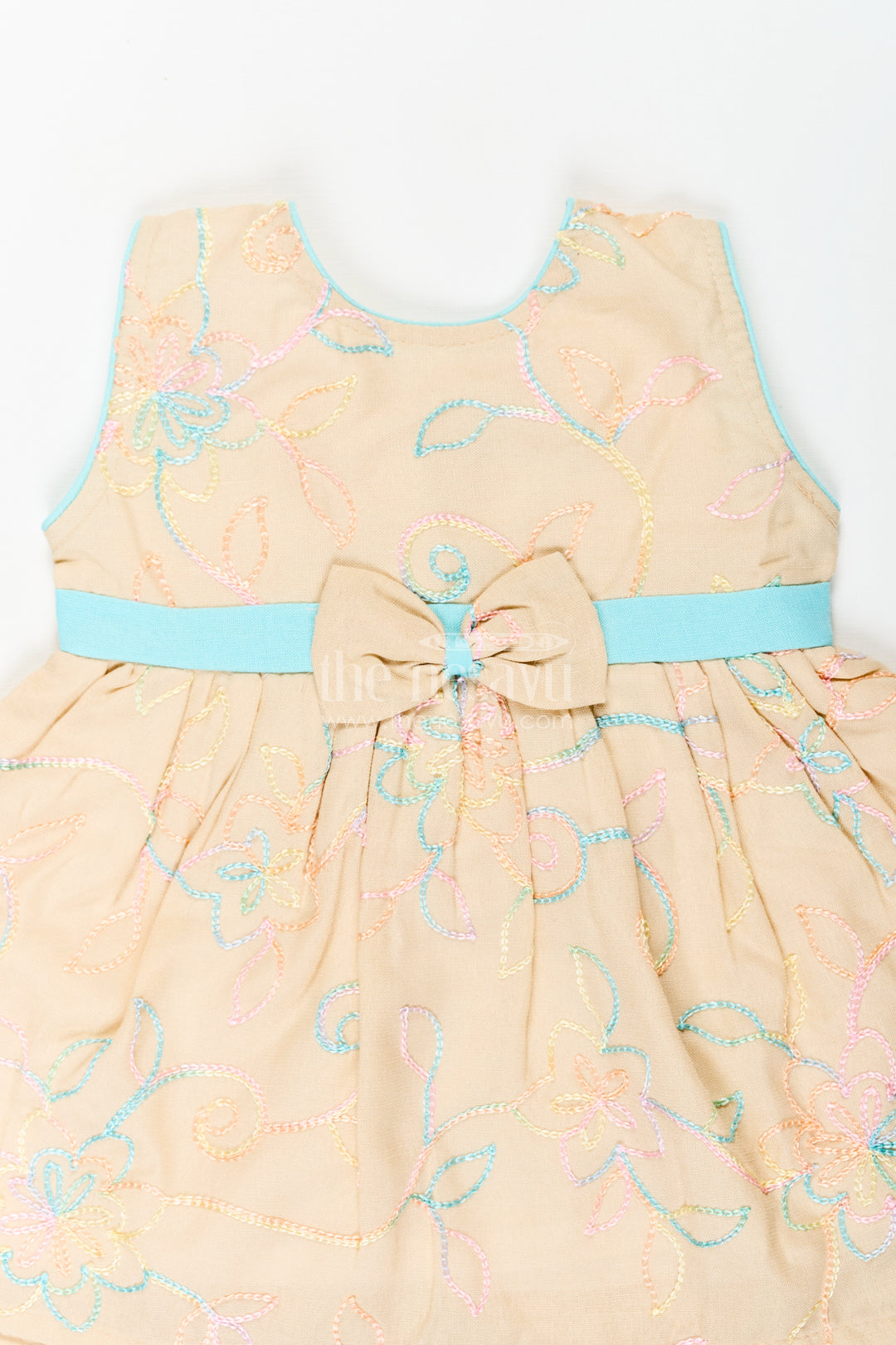 Girls Stylish Cotton Frock with Multicolor Floral Embroidery and Aqua Waist Bow for Everyday Charm